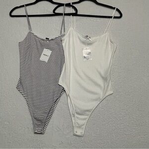 Forever 21 Juniors Pointelle Knit Bodysuit Bundle Medium White & Stripes NWT